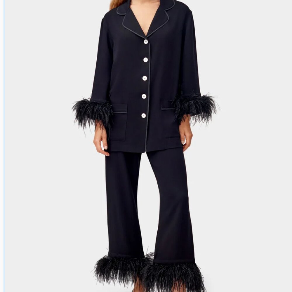 Sleeper Party Pajama Set with Feathers- Black